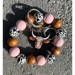 Longhorn Western Bead Wristlet Keychain Silicone Wood